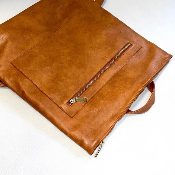 Vegan Leather Oversized Backpack- Convertible Laptop Travel Bag‎ Camel NEW - Picture 7 of 16